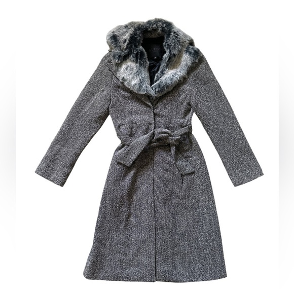 Guess Gray Winter Coat Faux Fur Collar Wool Blend Long Belted Pockets Women’s 2 - Picture 1 of 13